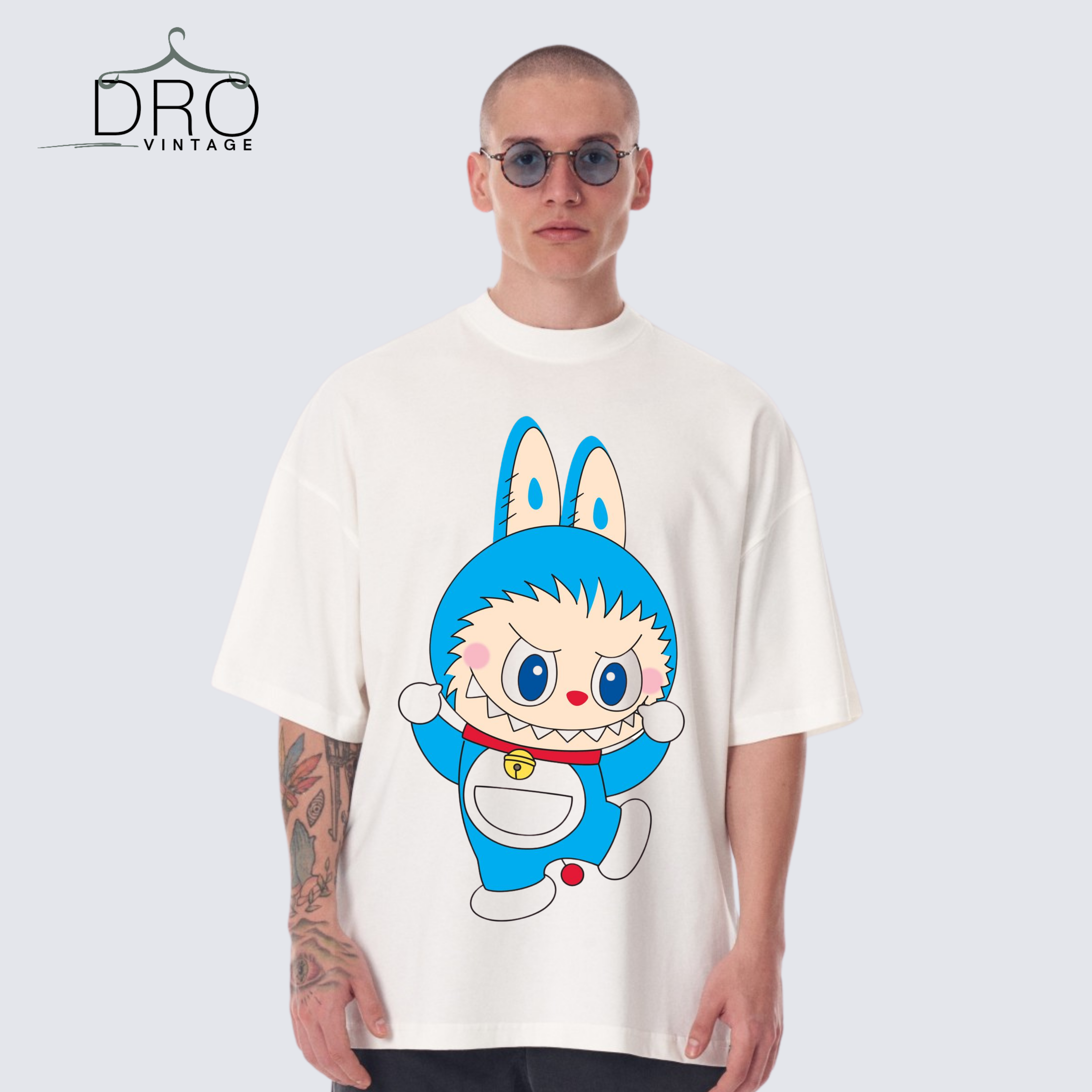 Dro Vintage Labubu Blue Bunny T-Shirt – Oversized Anime Streetwear for Men UAE