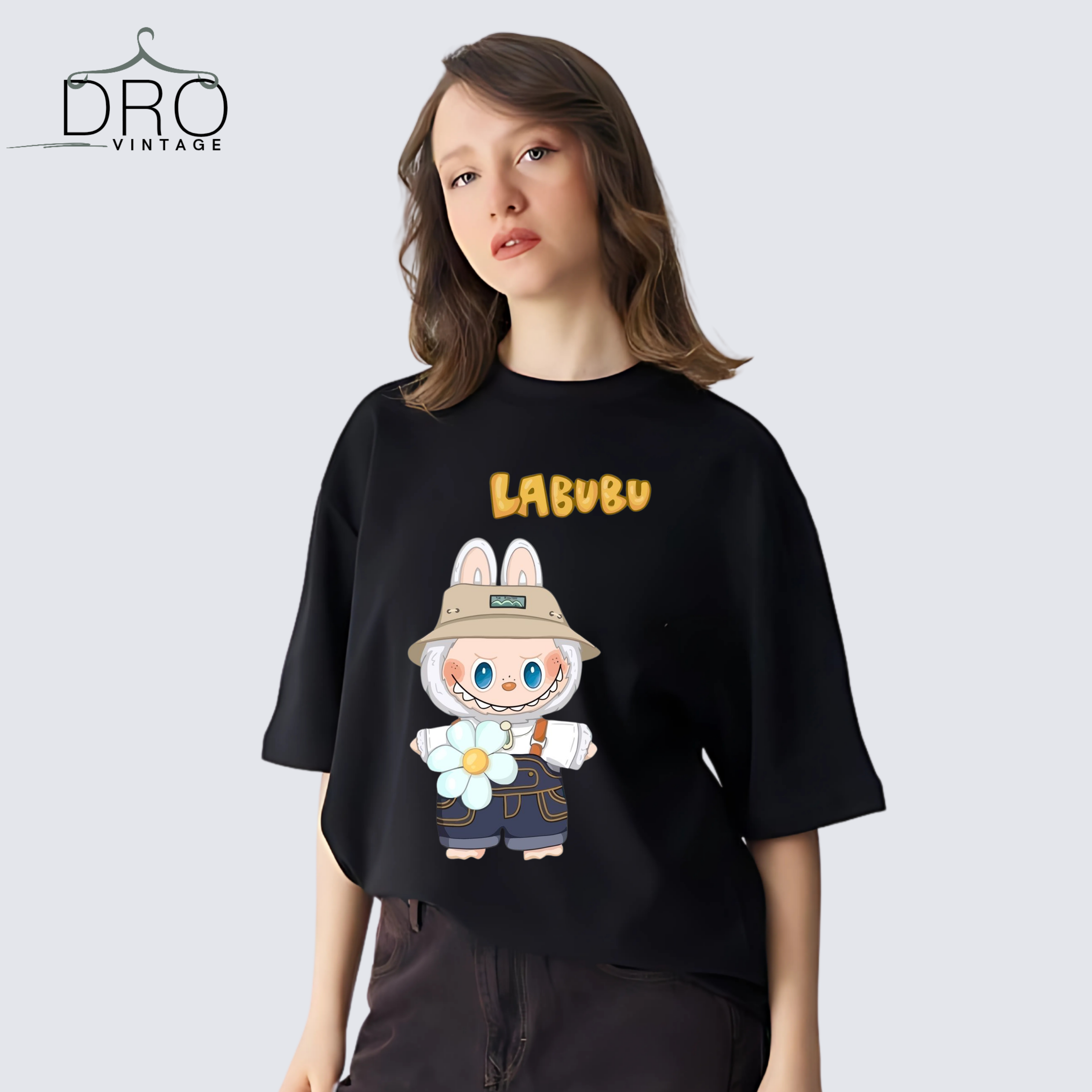 Dro Vintage Black Women Labubu Bunny Printed T-Shirt – Oversized Anime Street Wear T-shirt