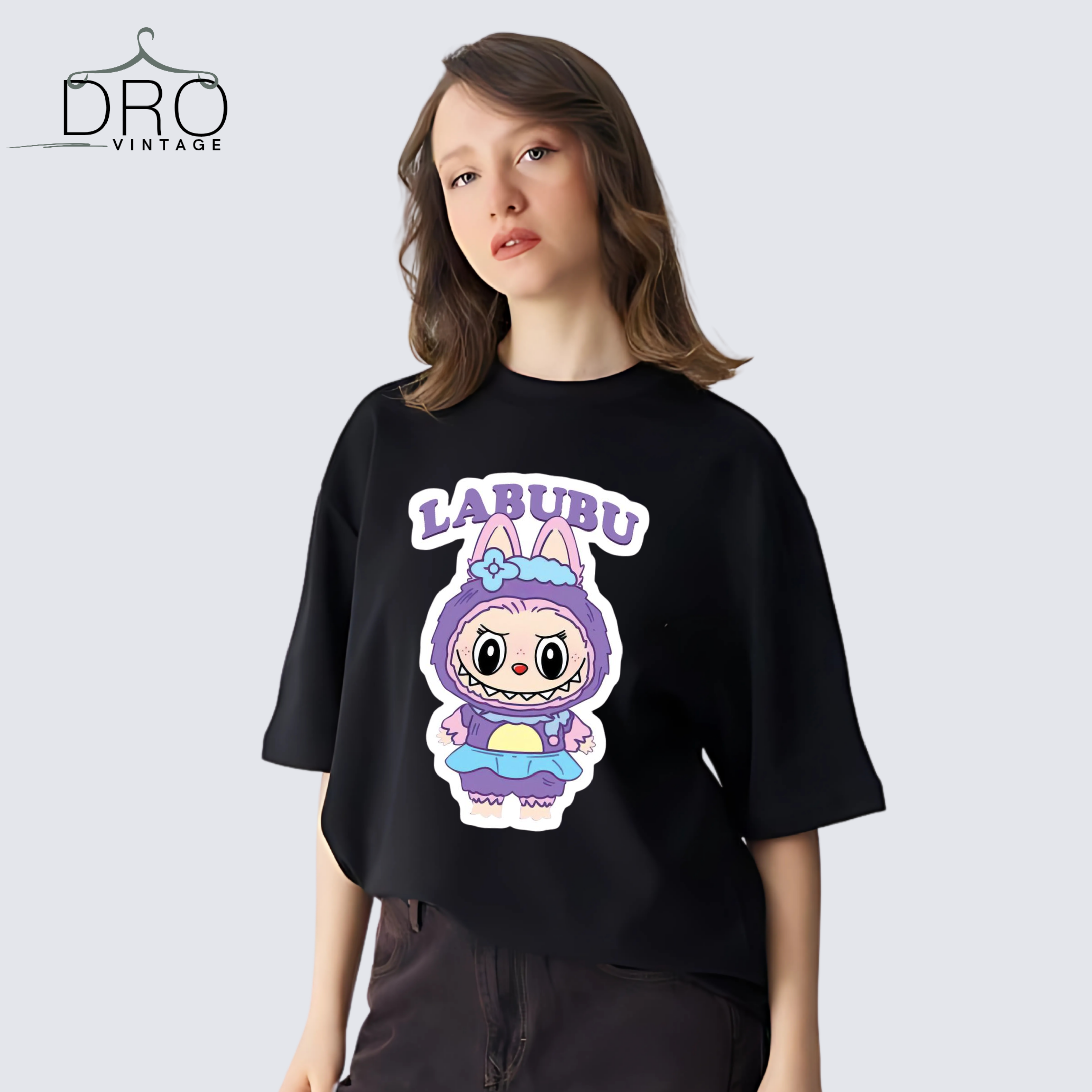 Dro Vintage Women purple Labubu Bunny Printed T-Shirt – Oversized Anime Street Wear T-shirt