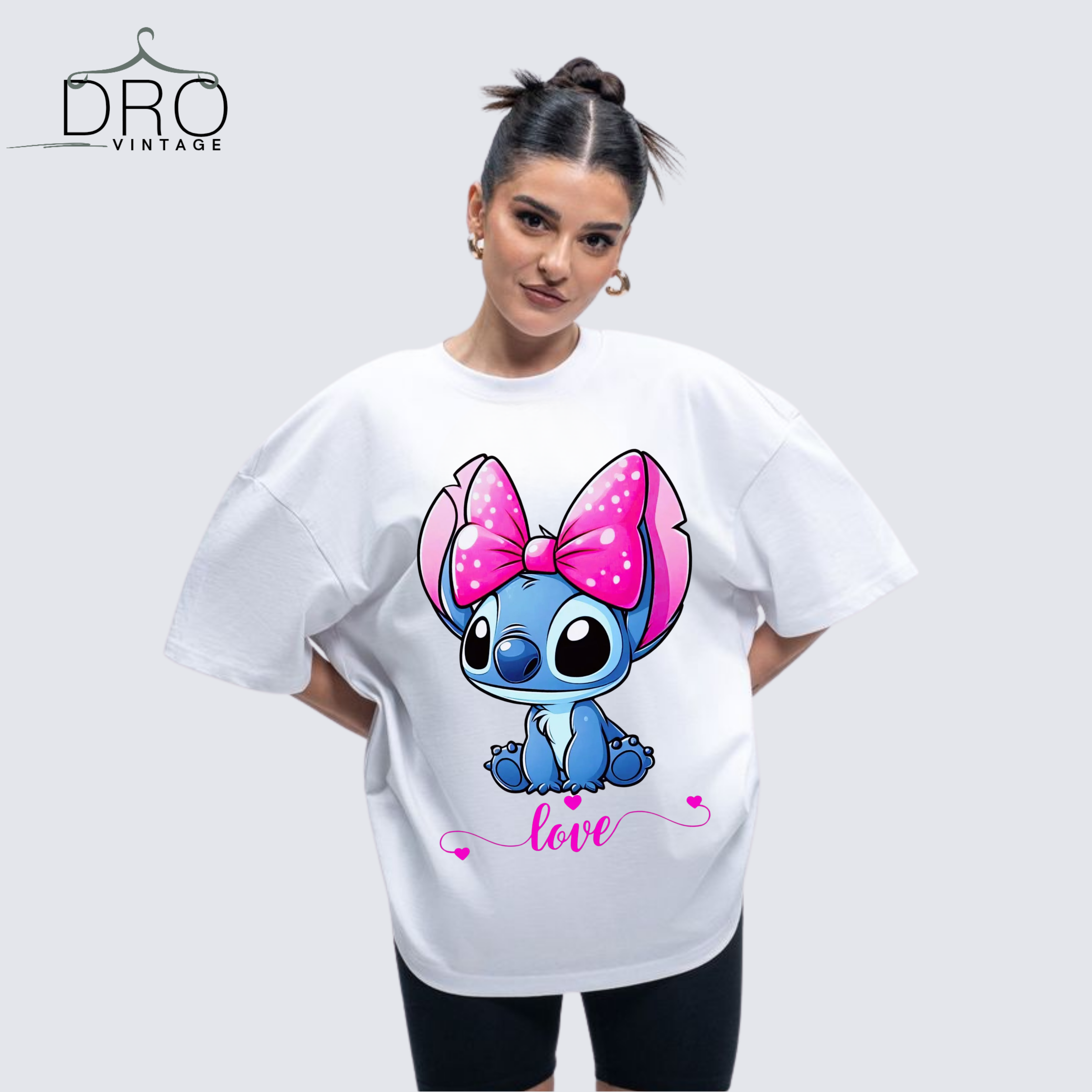 Stitch Love Oversized T-Shirt – Cute Cartoon Graphic Tee for Women | DRO Vintage UAE