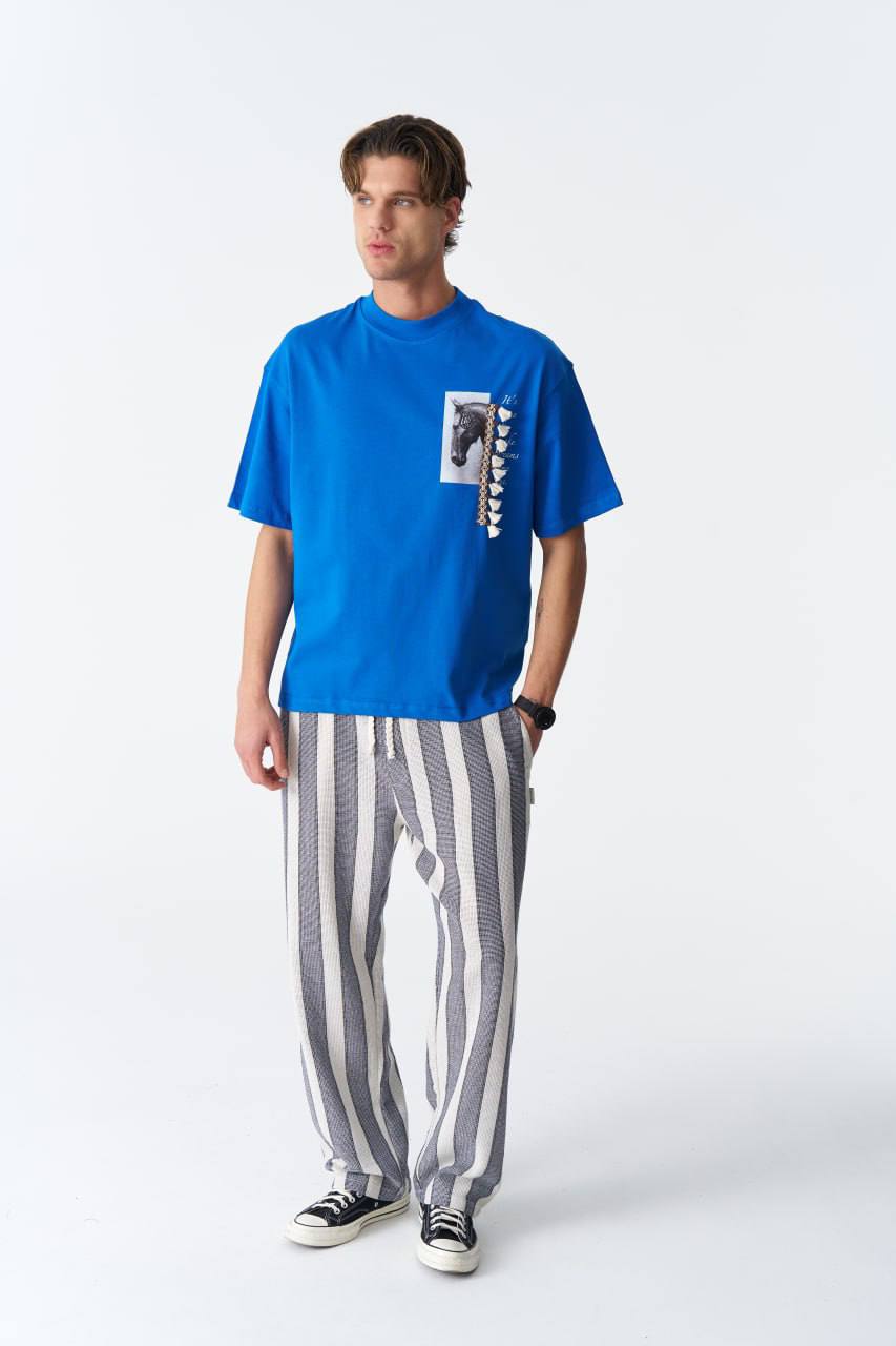 DRO Vintage Bold Blue Graphic T-Shirt with Horse Print & Tassel Detail
